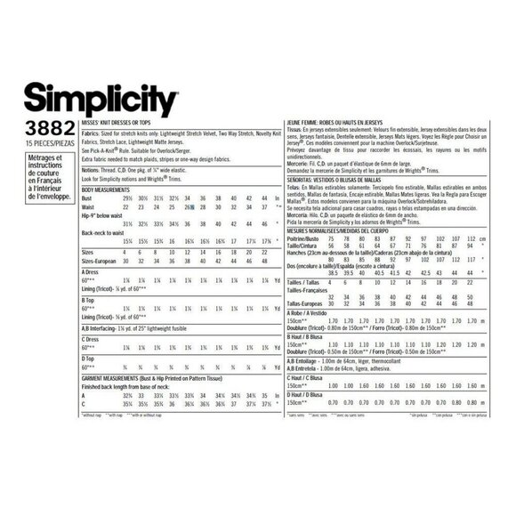 Simplicity Sewing Pattern 3882 Knit Dresses Tops Misses Size 4-12 - Picture 2 of 2